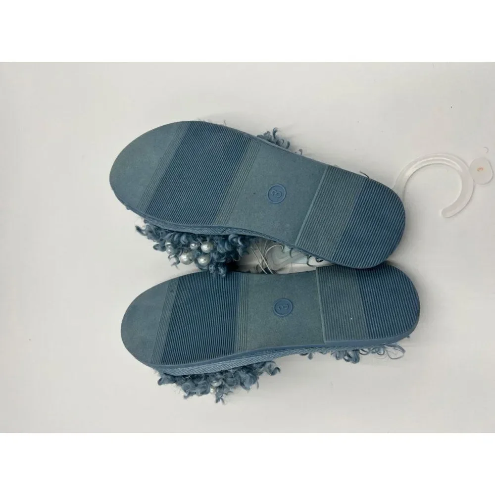 Cat Jack Girls Fuzzy Slippers Pearls Blue Size 3 Slides‎ Faux Fur NWT